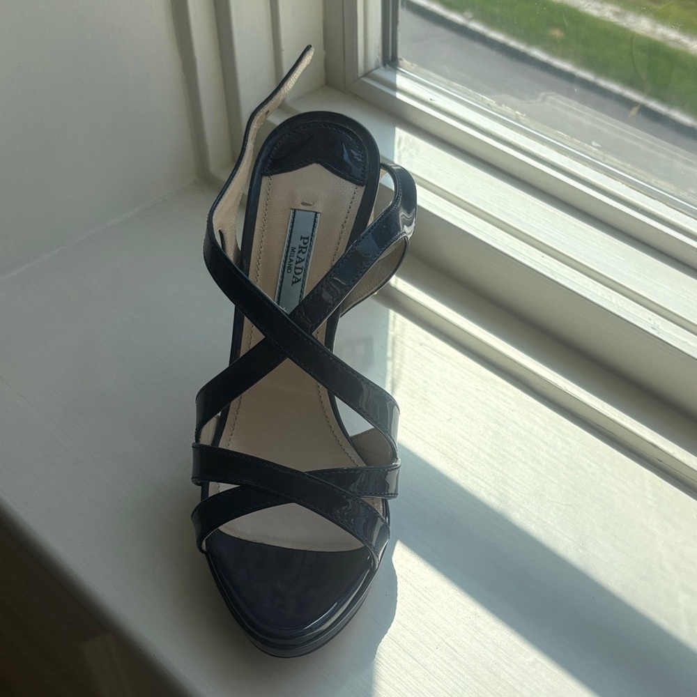 Prada Glossy Black Strappy Heels